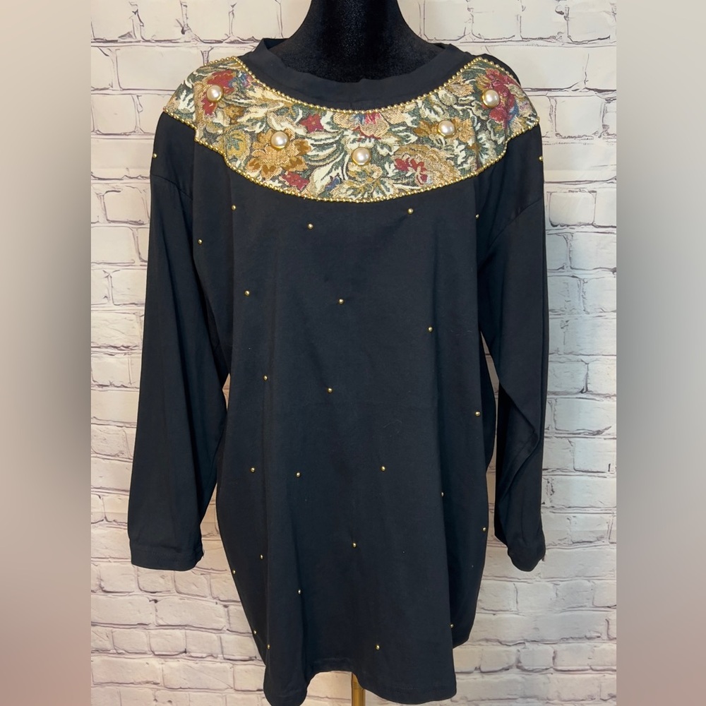 VINTAGE VISAGE BEADED TAPESTRY BLACK 80’s TUNIC TOP PULLOVER